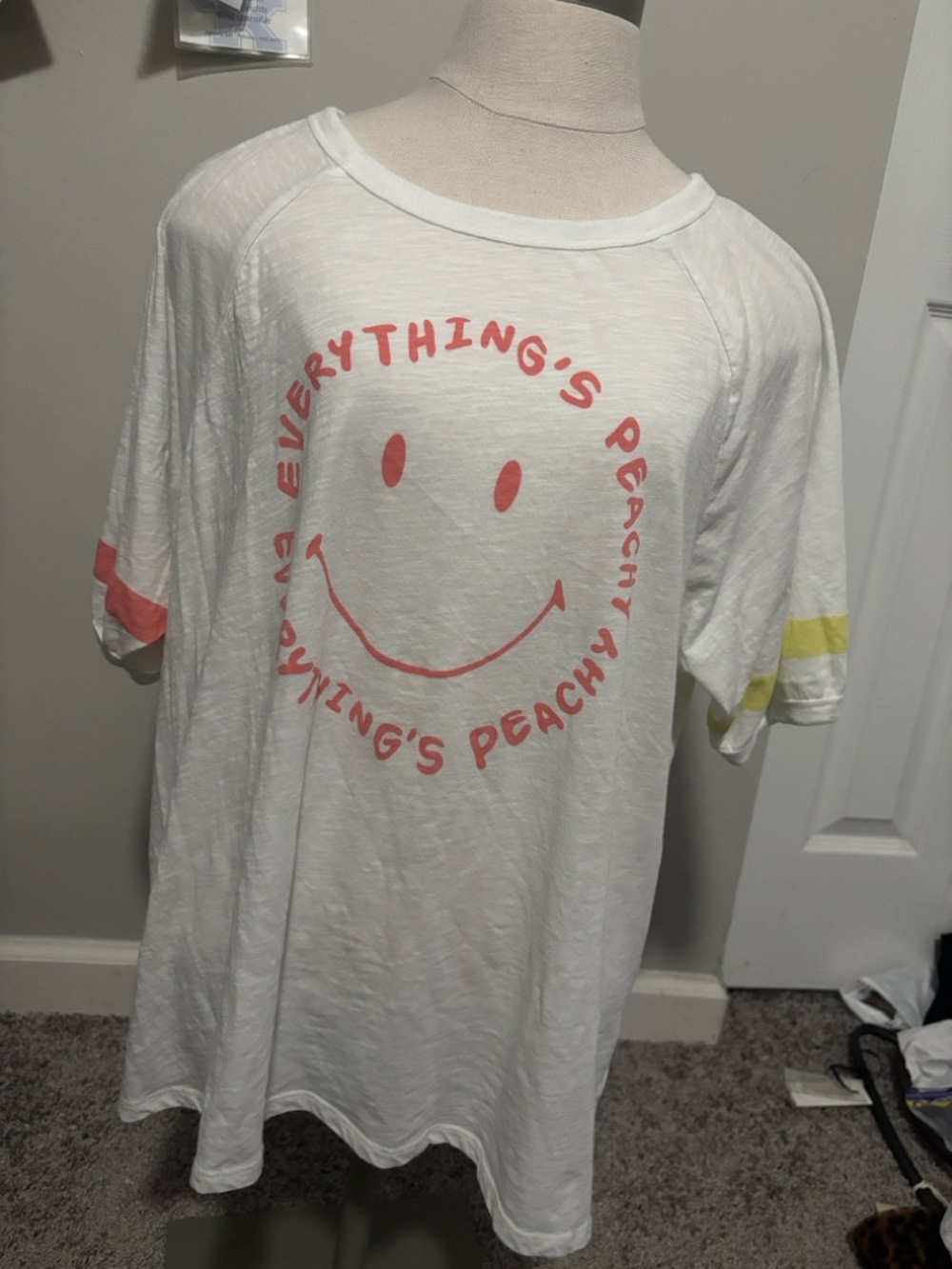 Wildfox White Tee with Peach Smiley Graphic and Accent Stripes